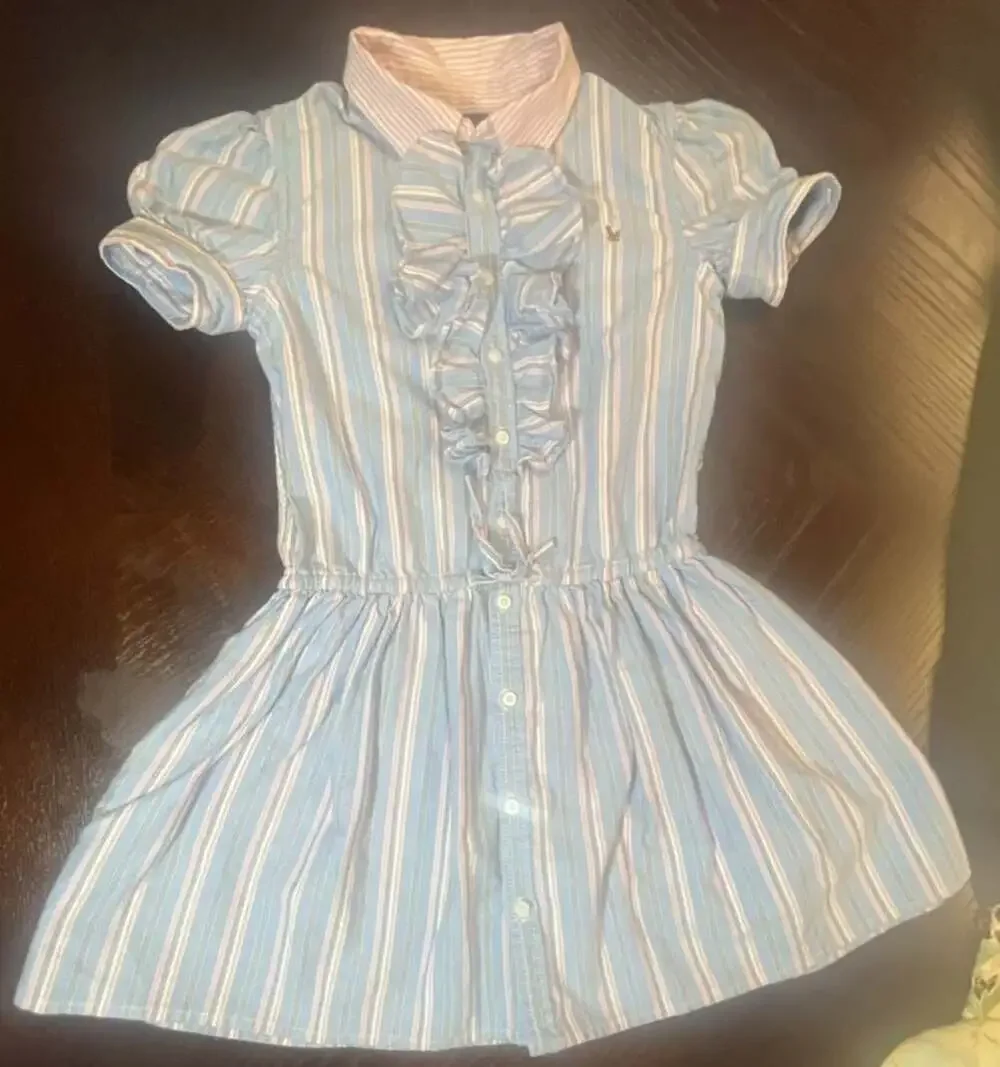 Ralph Lauren Girls Blue and Pink Striped Ruffled Cotton Shirtdress, Size 6